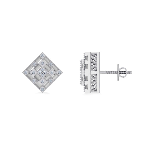 10K White Gold Round Baguette Diamond Square Shape Designer Mens Stud Earring 1/3 Ctw