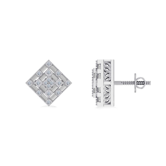 10K White Gold Round Baguette Diamond Square Shape Designer Mens Stud Earring 1/3 Ctw