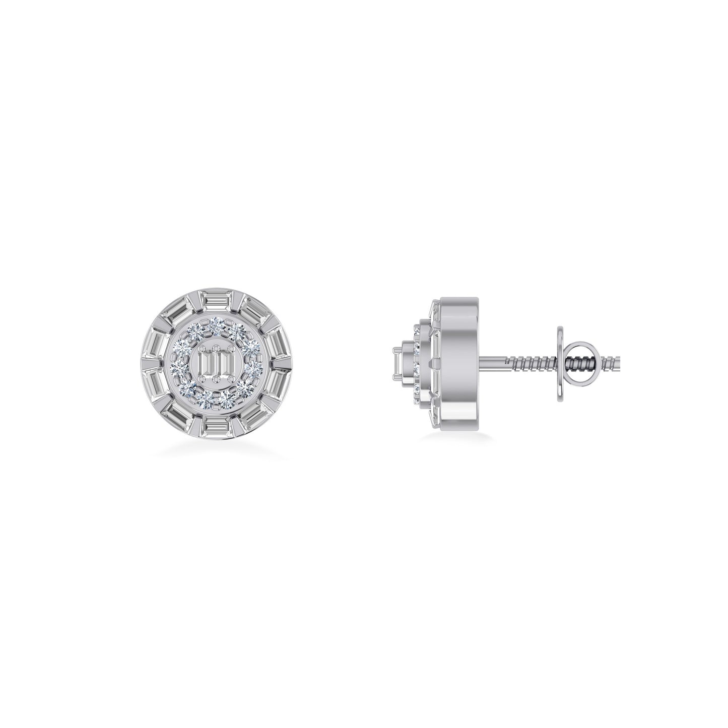 10K White Gold Round Baguette Diamond Designer Earring 1/4 Ctw