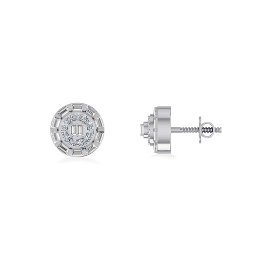 10K White Gold Round Baguette Diamond Designer Earring 1/4 Ctw