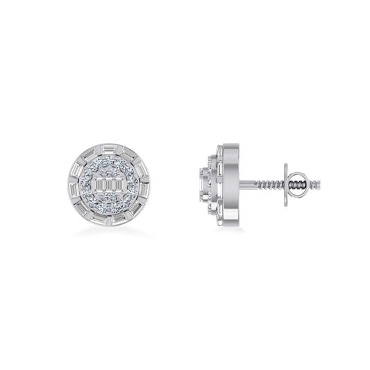 10K White Gold Round Baguette Diamond Designer Earring 3/8 Ctw
