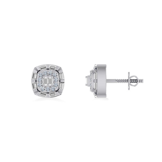 10K White Gold Round Baguette Diamond Square Designer Earring 1/4 Ctw