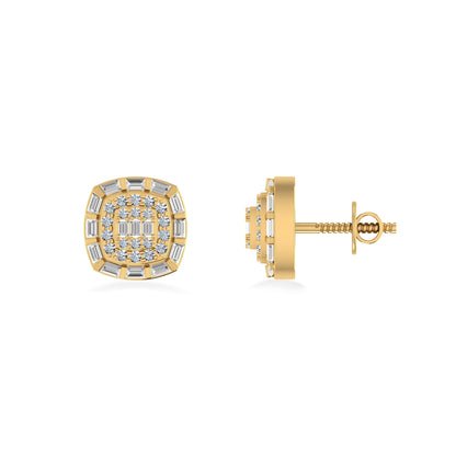 10K Yellow Gold Round Baguette Diamond Square Designer Earring 1/2 Ctw