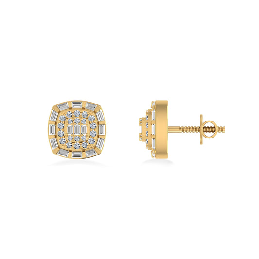 10K Yellow Gold Round Baguette Diamond Square Designer Earring 1/2 Ctw