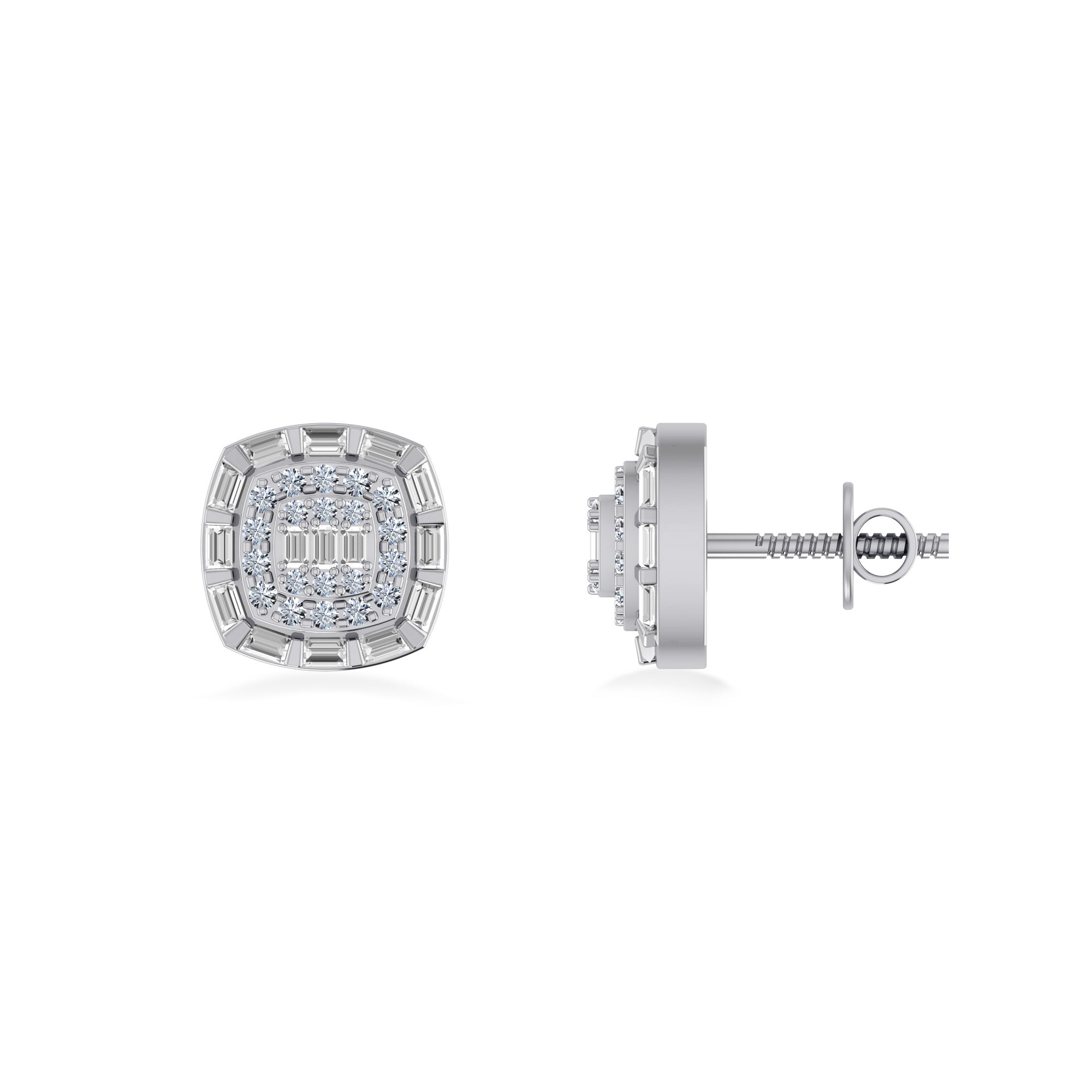 10K White Gold Round Baguette Diamond Square Designer Earring 1/2 Ctw