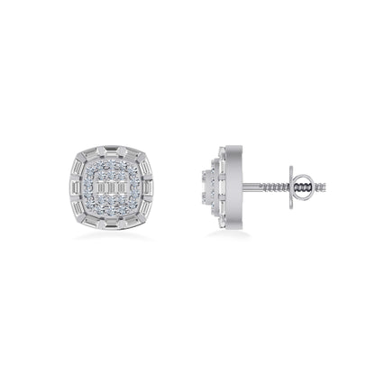 10K White Gold Round Baguette Diamond Square Designer Earring 1/2 Ctw