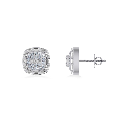 10K White Gold Round Baguette Diamond Square Designer Earring 1/2 Ctw