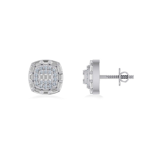 10K White Gold Round Baguette Diamond Square Designer Earring 1/2 Ctw