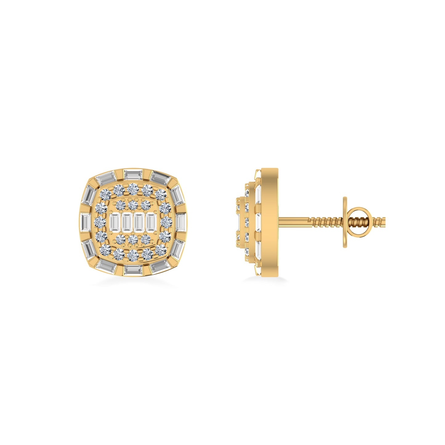 10K Yellow Gold Round Baguette Diamond Square Designer Earring 3/4 Ctw