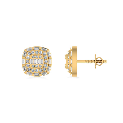 10K Yellow Gold Round Baguette Diamond Square Designer Earring 3/4 Ctw