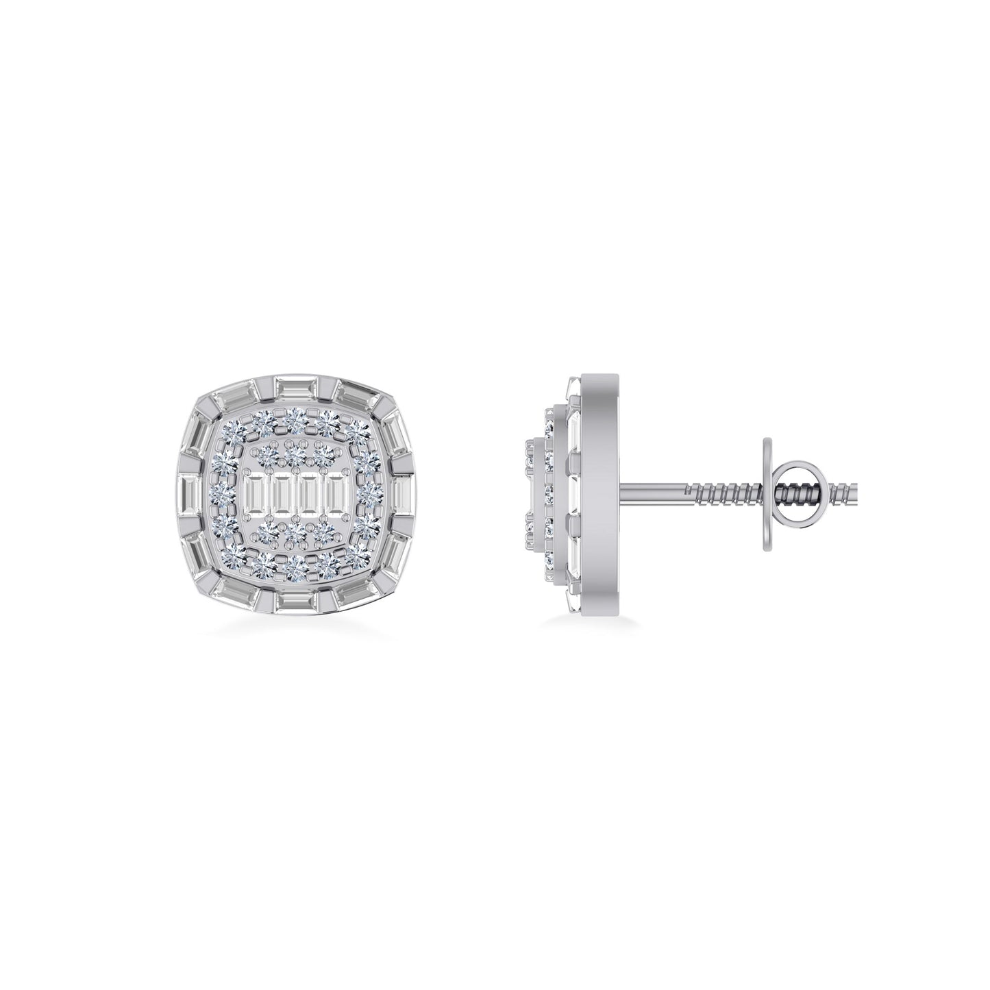 10K White Gold Round Baguette Diamond Square Designer Earring 3/4 Ctw