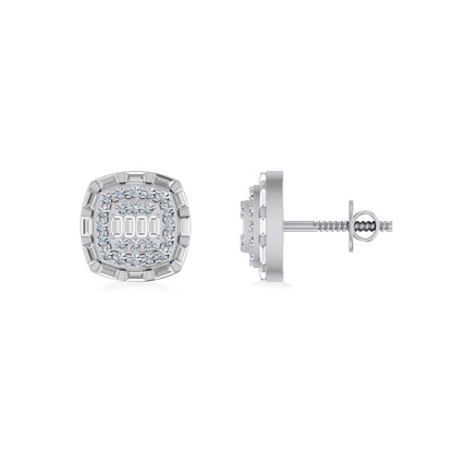 10K White Gold Round Baguette Diamond Square Designer Earring 3/4 Ctw