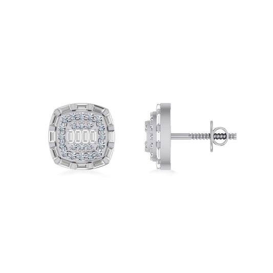 10K White Gold Round Baguette Diamond Square Designer Earring 3/4 Ctw