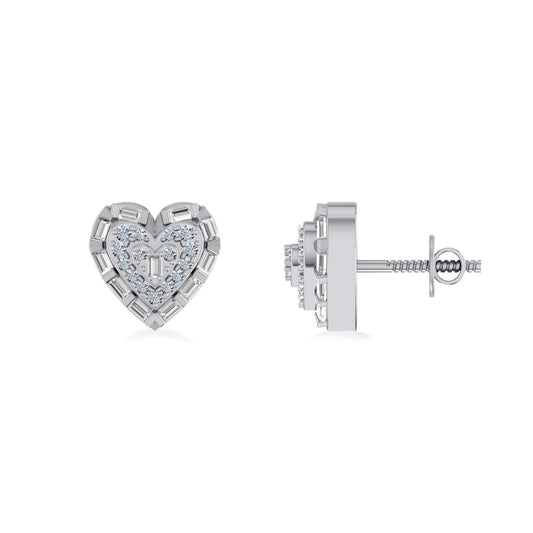 10K White Gold Round Baguette Diamond Heart Designer Earring 1/4 Ctw