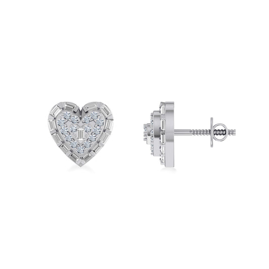 10K White Gold Round Baguette Diamond Heart Designer Earring 3/8 Ctw