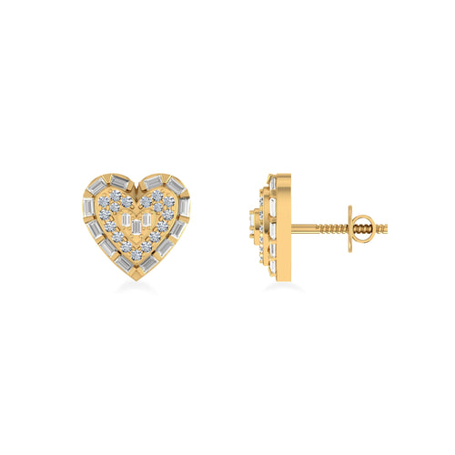 10K Yellow Gold Round Baguette Diamond Heart Designer Earring 5/8 Ctw