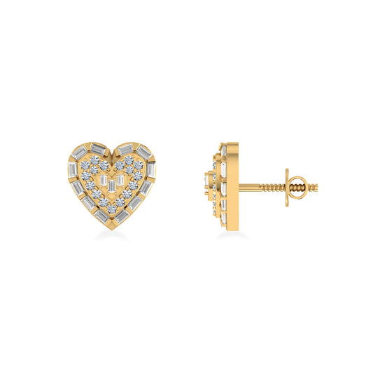 10K Yellow Gold Round Baguette Diamond Heart Designer Earring 5/8 Ctw