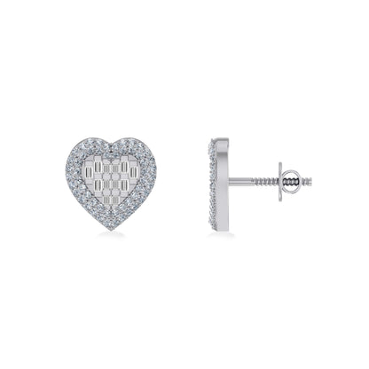 10K White Gold Round Baguette Diamond Halo Heart Designer Earring 1/2 Ctw