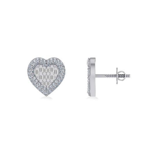 10K White Gold Round Baguette Diamond Halo Heart Designer Earring 1/2 Ctw
