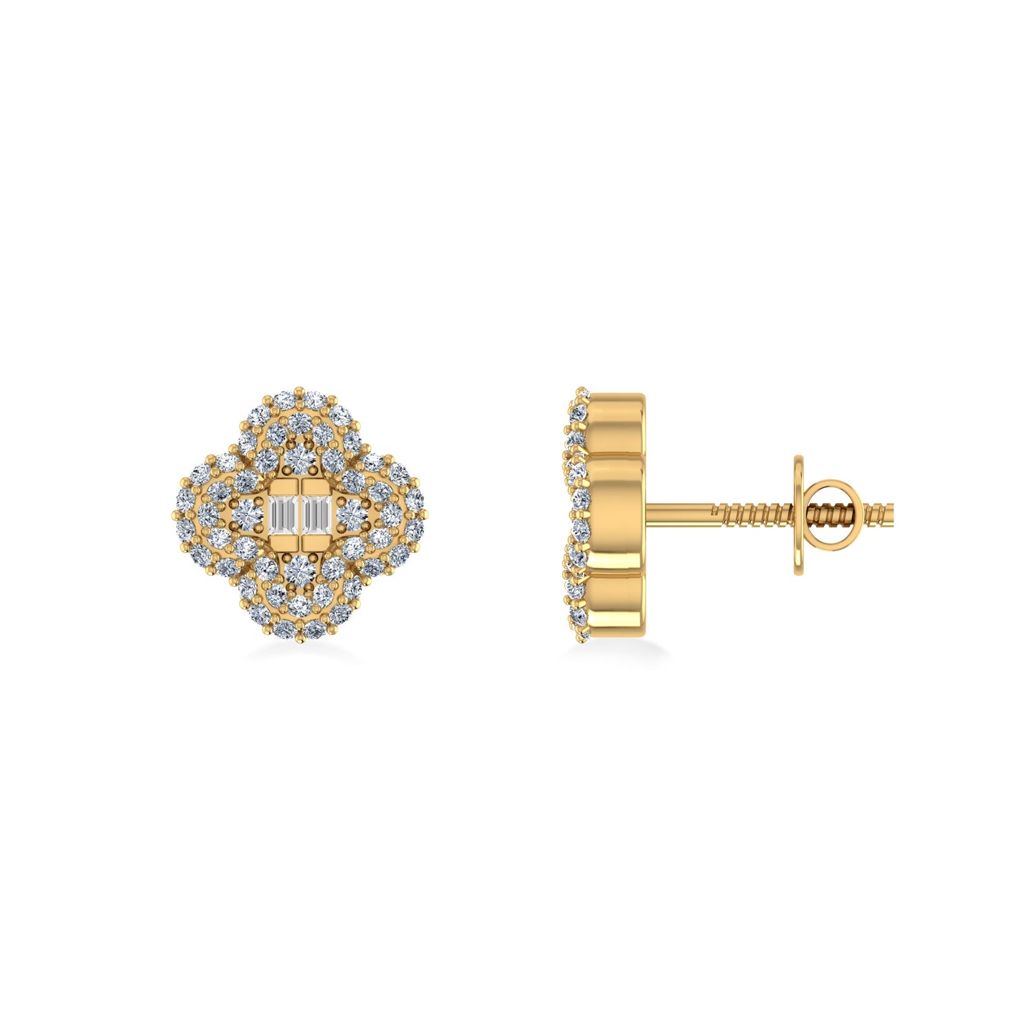 10K Yellow Gold Round Baguette Diamond Floral Designer Earring 1/3 Ctw