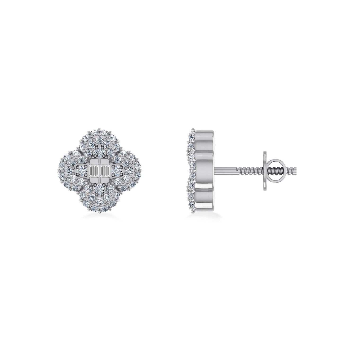 10K White Gold Round Baguette Diamond Floral Designer Earring 1/3 Ctw