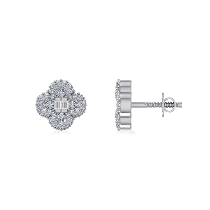 10K White Gold Round Baguette Diamond Floral Designer Earring 1/3 Ctw