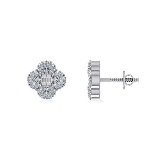 10K White Gold Round Baguette Diamond Floral Designer Earring 1/3 Ctw