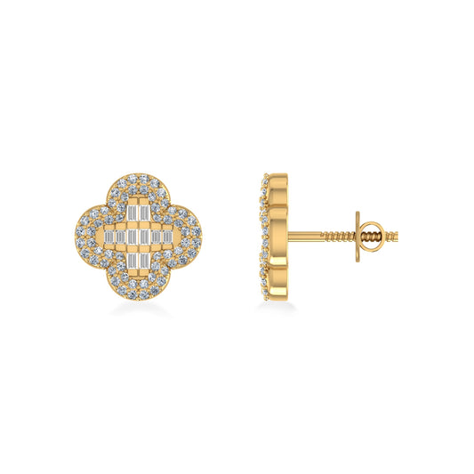 10K Yellow Gold Round Baguette Diamond Halo Floral Designer Earring 1/2 Ctw