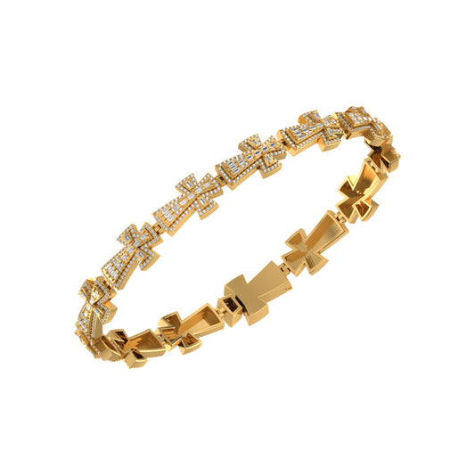 10K Yellow Gold Round Baguette Diamond Cross Religious 8 Inch Bracelet 2-1/2 Ctw
