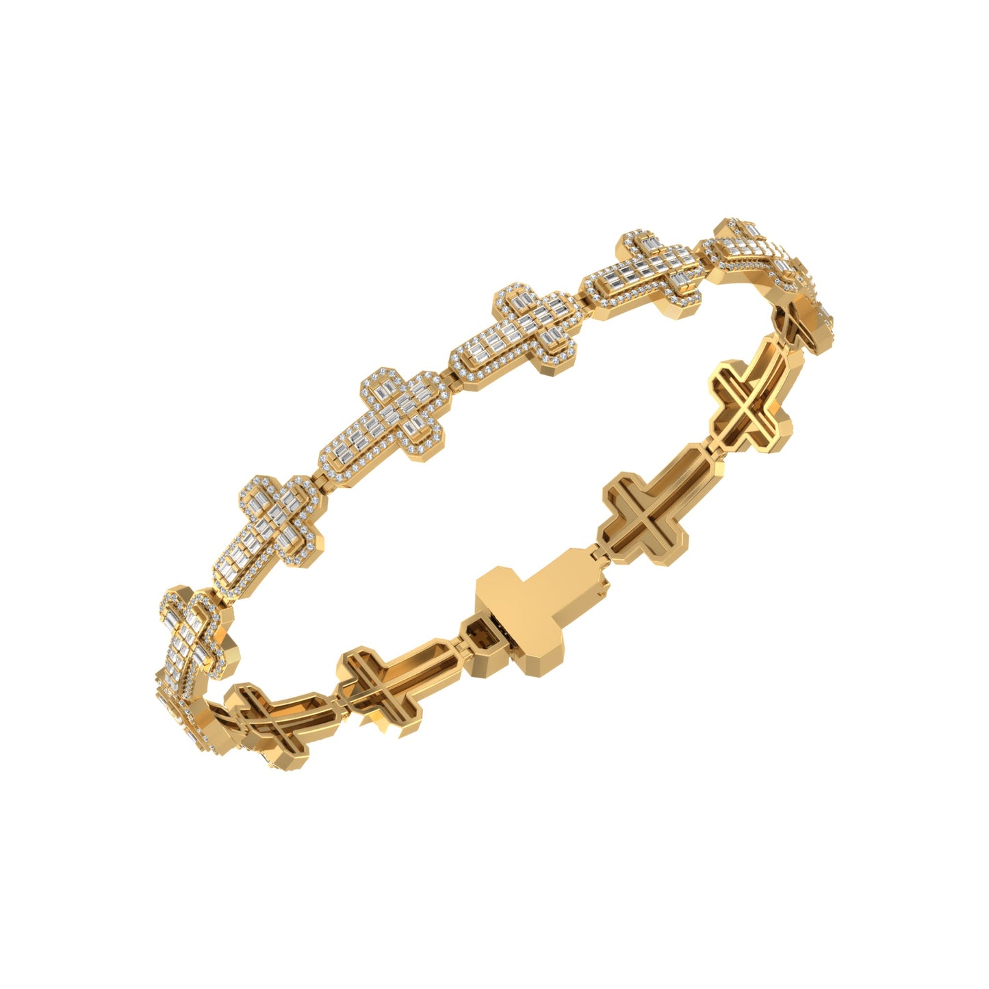 10K Yellow Gold Round Baguette Diamond Cross Religious 8 Inch Bracelet 3 Ctw