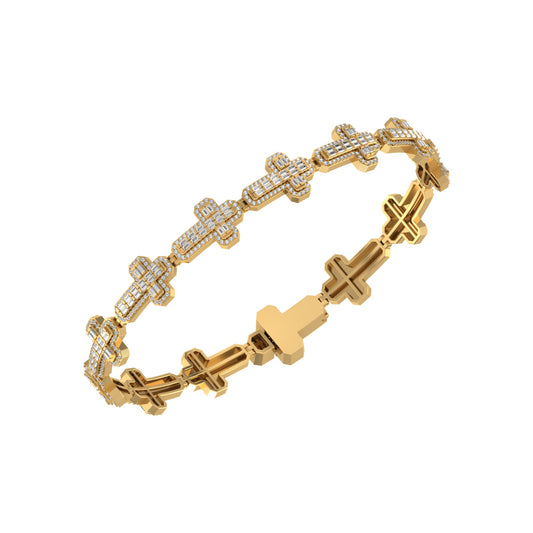 10K Yellow Gold Round Baguette Diamond Cross Religious 8 Inch Bracelet 3 Ctw