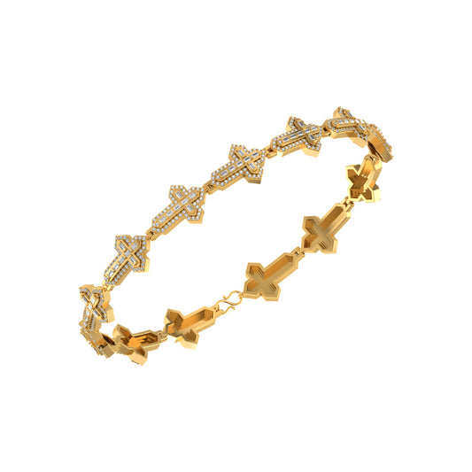 10K Yellow Gold Round Baguette Diamond Cross Religious 8 Inch Bracelet 2 Ctw