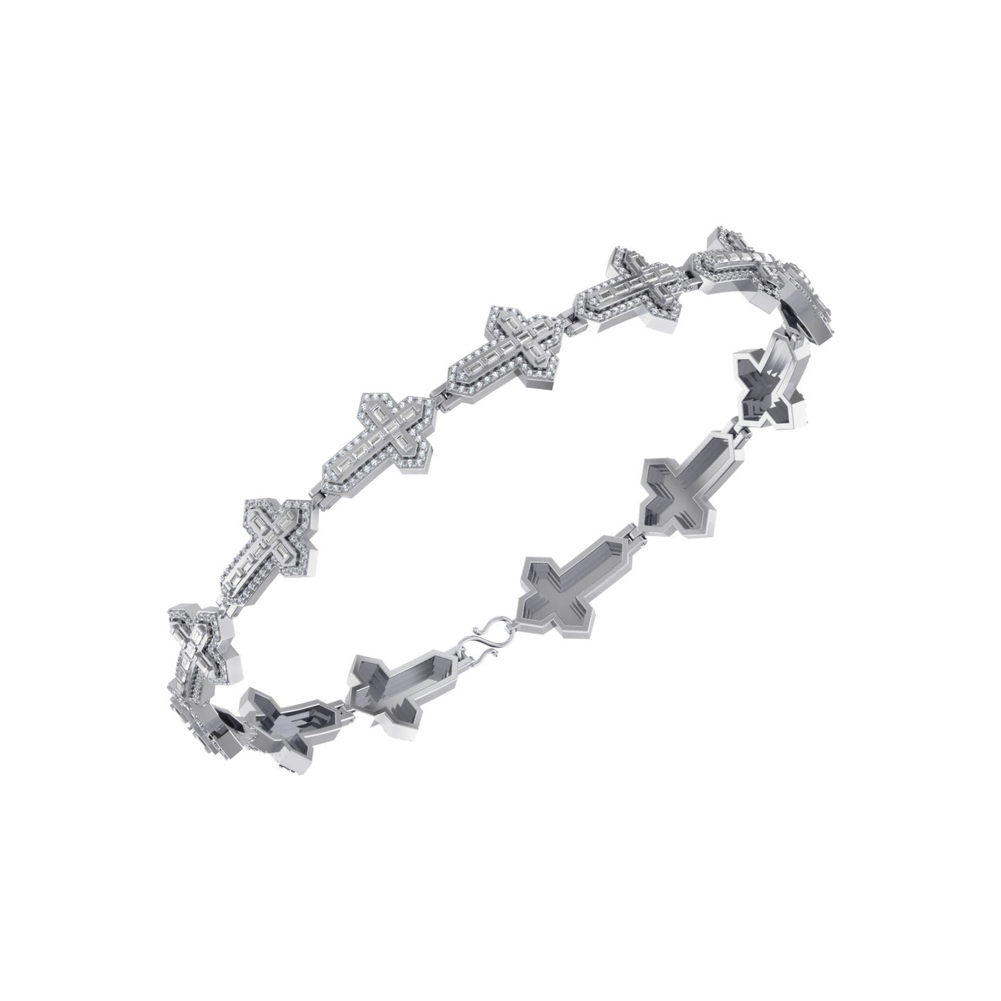 10K White Gold Round Baguette Diamond Cross Religious 8 Inch Bracelet 2 Ctw