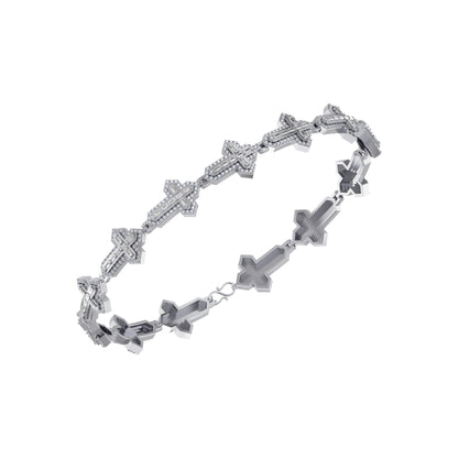 10K White Gold Round Baguette Diamond Cross Religious 8 Inch Bracelet 2 Ctw
