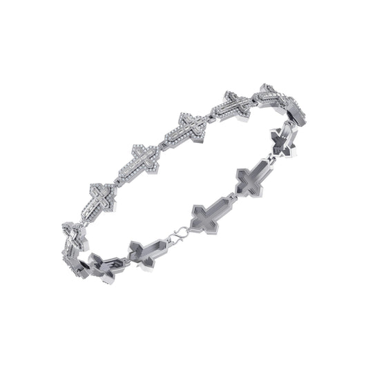 10K White Gold Round Baguette Diamond Cross Religious 8 Inch Bracelet 2 Ctw