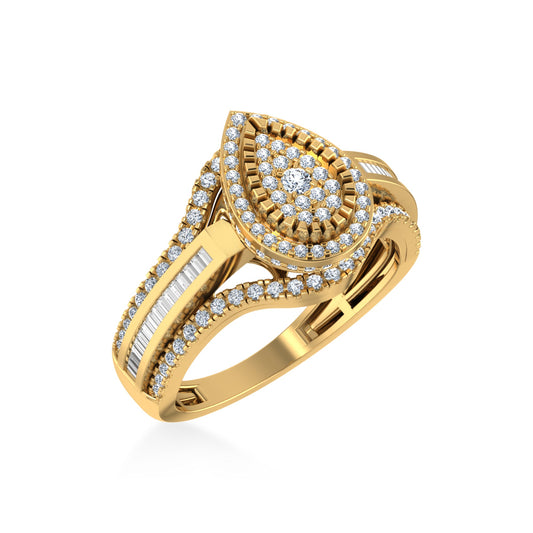 10K Yellow Gold Round Baguette Diamond Pear Shape Size 7 Designer Ladies Ring 3/4 Ctw