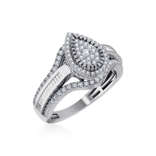 10K White Gold Round Baguette Diamond Pear Shape Size 7 Designer Ladies Ring 3/4 Ctw