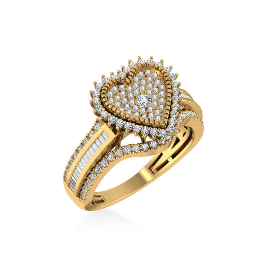 10K Yellow Gold Round Baguette Diamond Heart Shape Size 7 Designer Ladies Ring 3/4 Ctw