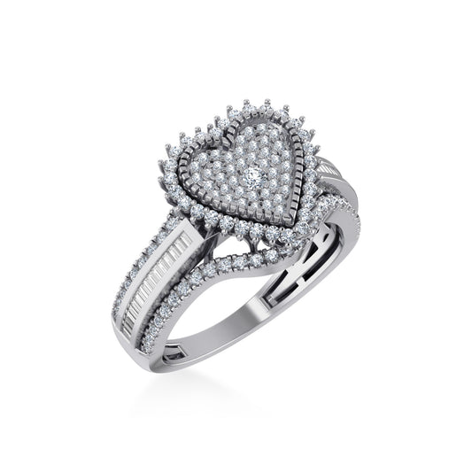 10K White Gold Round Baguette Diamond Heart Shape Size 7 Designer Ladies Ring 3/4 Ctw