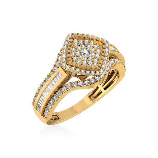 10K Yellow Gold Round Baguette Diamond Square Head Size 7 Designer Ladies Ring 3/4 Ctw