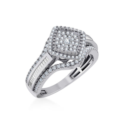10K White Gold Round Baguette Diamond Square Head Size 7 Designer Ladies Ring 3/4 Ctw