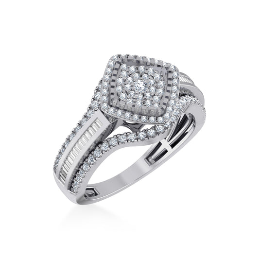 10K White Gold Round Baguette Diamond Square Head Size 7 Designer Ladies Ring 3/4 Ctw