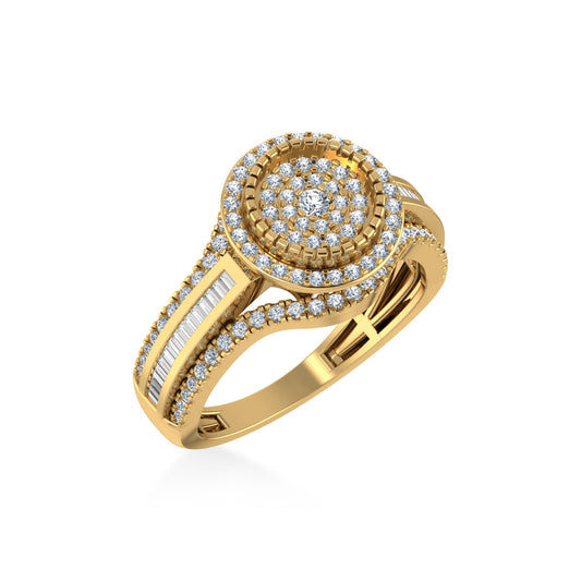 10K Yellow Gold Round Baguette Diamond Halo Size 7 Designer Ladies Ring 7/8 Ctw