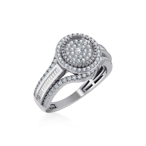 10K White Gold Round Baguette Diamond Halo Size 7 Designer Ladies Ring 7/8 Ctw