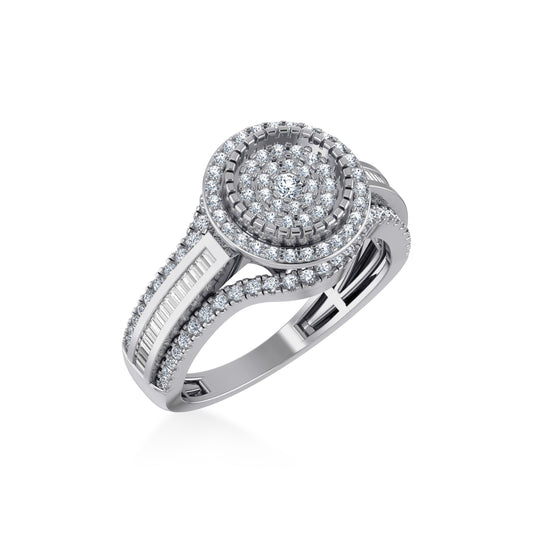 10K White Gold Round Baguette Diamond Halo Size 7 Designer Ladies Ring 7/8 Ctw