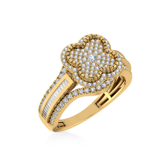 10K Yellow Gold Round Baguette Diamond Floral Size 7 Designer Ladies Ring 7/8 Ctw