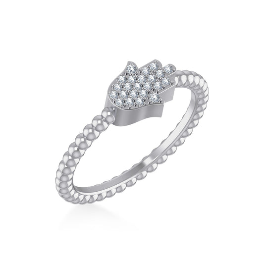 10K White Gold Round Diamond Hamza Hand Size 7 Designer Ladies Ring 1/8 Ctw