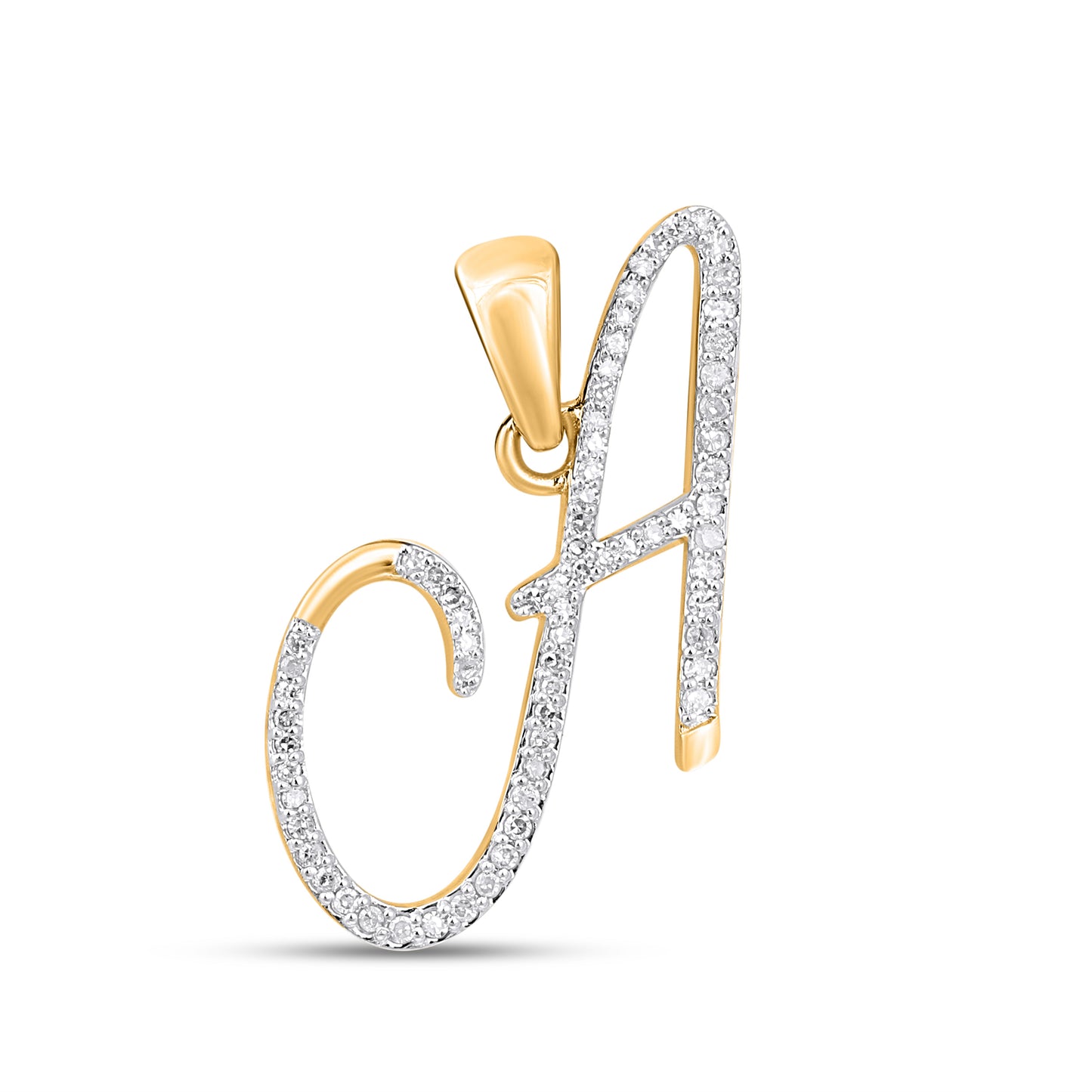 10K Yellow Gold Round Diamond A Letter Initial Pendant 1/5 Ctw