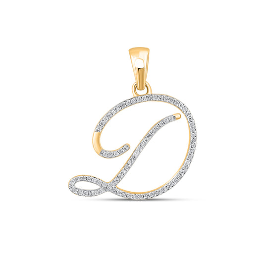10K Yellow Gold Round Diamond D Letter Initial Pendant 1/6 Ctw