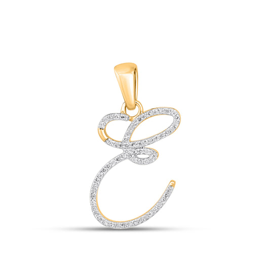 10K Yellow Gold Round Diamond E Letter Initial Pendant 1/6 Ctw